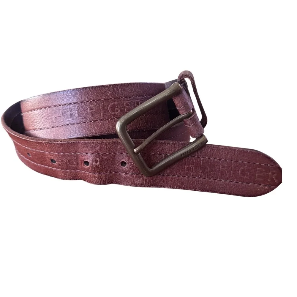 Tommy Hilfiger Mens Leather‎ Belt Buckle Engraved Logo 42-44 Vintage 90's Grunge
